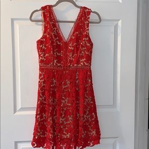 Red lace, Nude slip cocktail dress